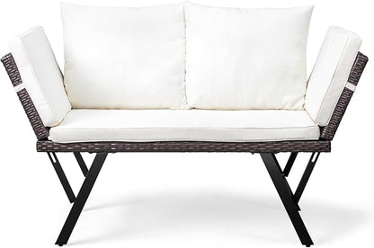 Outvita Outdoor Convertible Couch Sofa Bed, Woven Rattan Patio Furniture Daybed w/Adjustable Armrests, Removable Cushions and Pillows for Porch Pool Balcony