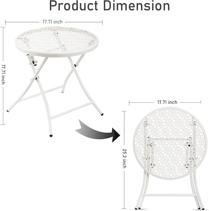Side Table: Round Metal Folding Outdoor Table, Rust-Resistant, White
