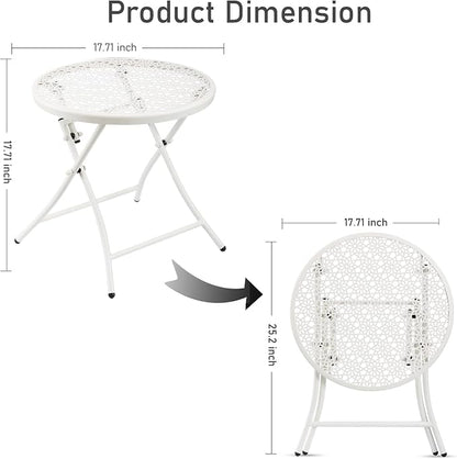 Side Table: Round Metal Folding Outdoor Table, Rust-Resistant, White