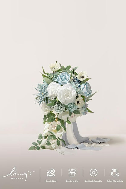Artificial Flowers Cascade Bridal Bouquet, Dusty Blue Silk with Pearls