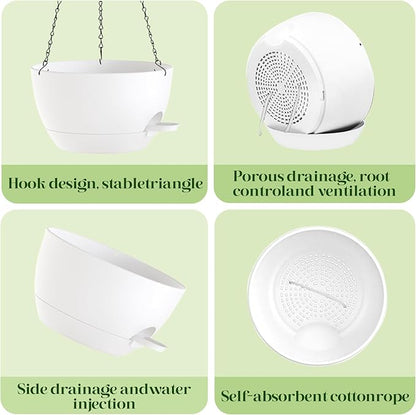 2 Pack 10 Inch Self Watering Hanging Planters for Indoor Plants, Large White Plastic Hanging Pots with Chains for Outdoor Patio Garden Home Decor (White)