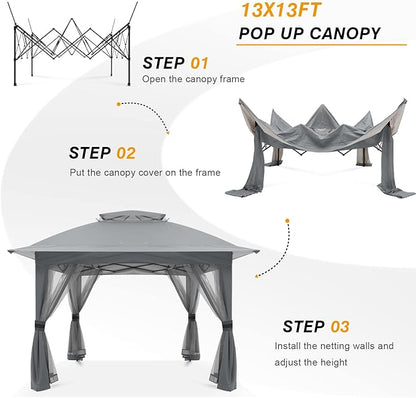 COOSHADE 13x13 Pop Up Gazebo Tent Outdoor Canopy Patio Shelter with Mosquito Netting(Grey)