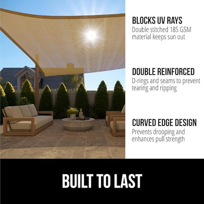 GORILLA GRIP Heavy Duty Sun Shade, UV Protection Fade Tear and Rust Resistant Rectangle Sunshade Canopy, Curved Edges Blocks Sunlight, Breathable Sail, Outdoor Patio, Lawn Garden 10x13 FT Sand