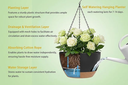 Hanging Planters 3-Pack, 8 Inch Self-Watering Hanging Pots with Drainage Hole and Chains, Plastic Planters for Indoor Outdoor（Black Brown）