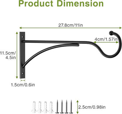 11 Inch 2 Pack Heavy Duty Plant Hangers Outdoor, Metal Plant Brackets for Hanging Baskets, Plant Wall Hooks for Bird Feeders, Wind Chimes & Lanterns, Premium Metal Hooks Matte Black, 30lbs Capacity