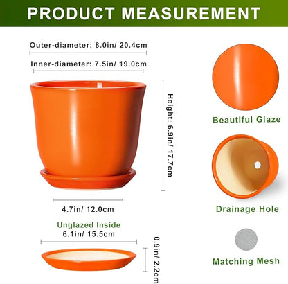 Ceramic Planter - 8 Inch Plant Pot with Drainage Hole and Saucer, Modern Planters for Indoor Outdoor Plants, Round Flower Pot, Home Patio Office Decor, House Warming Gifts, Orange