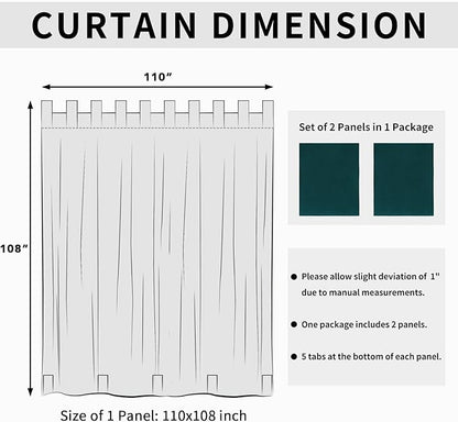 Easy-Going Outdoor Patio Curtains Detachable Tab Top Windproof Weatherproof Curtain for Cabana, Porch, Pergola and Gazebo, Tab Bottom Drape, 2 Panels, 110W x 108L inch, Teal