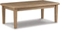 Signature Design by Ashley Gerianne Contemporary Outdoor Rectangular Cocktail Table, Slatted Top Sheds Rainwater, Eucalyptus Wood, 50" W x 26" D x 18.63" H, Beige