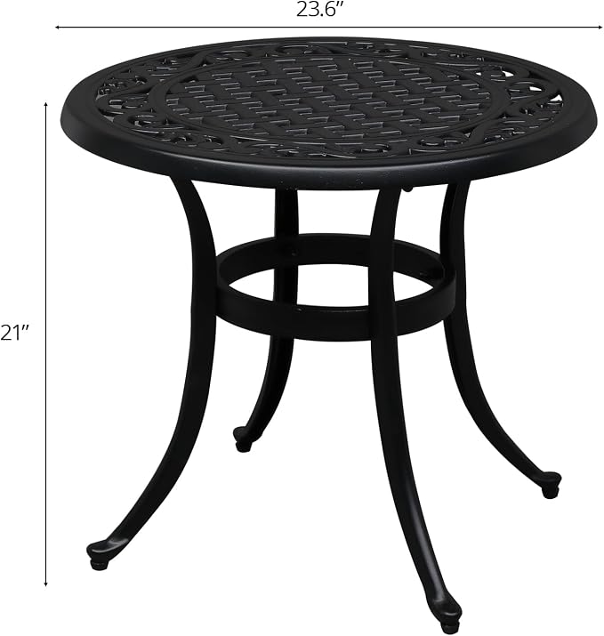 Side Table, 24-Inch Round Cast Aluminum Patio End Table in Black