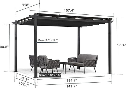 PURPLE LEAF Outdoor Retractable Pergolawith Curtains 10' x 13' Patio Aluminum Pergola with Sun Shade Canopy for Backyard Deck Garden Modern Metal Grill Gazebo, Gray