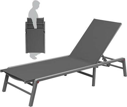 Kozyard Outdoor Foldable Lounge Chair, Aluminum Frame Patio Lounger with 5-Position Adjustable Backrest, Breathable Textilene Fabric, Assemble-Free, Reclining & Full-Flat Poolside (Gray, No Table)