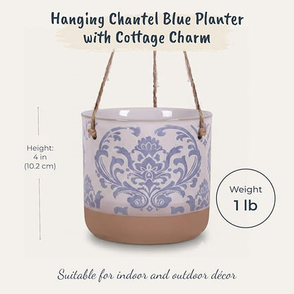 Blue Sky Clayworks 5" Hanging Chantel Blue Planter, Ceramic, 6" x 6" x 5", Soft Blue Damask & Clay Foot