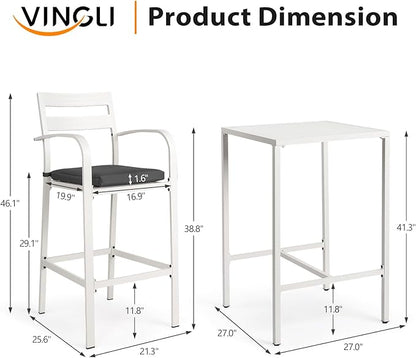 VINGLI 3-Piece Outdoor Bar Set, Aluminum Bar Height Table & 2 Chairs with Cushions, Counter Height Patio Furniture for Backyard, Poolside, Garden, Bistro, Indoor Outdoor Use (White)