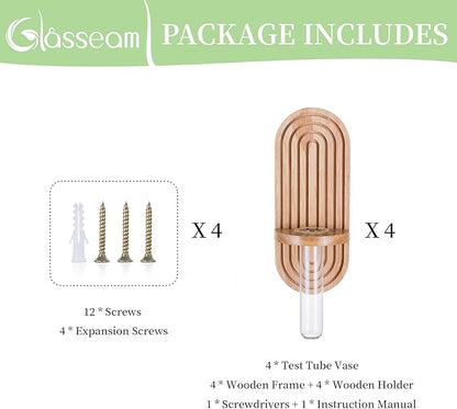 Glasseam Hanging Plant Propagation Stations: Boho Glass Wall Propagation vases Set of 4 - Wood Plant Holder Decorative Planters Terrarium Test Tube for Home Office Indoor Decor