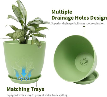 Plant Pots 8 Inch Set of 6, Flower Pots with Drainage Holes and Saucer, Plastic Garden Planters for Indoor & Outdoor Plants (Green)