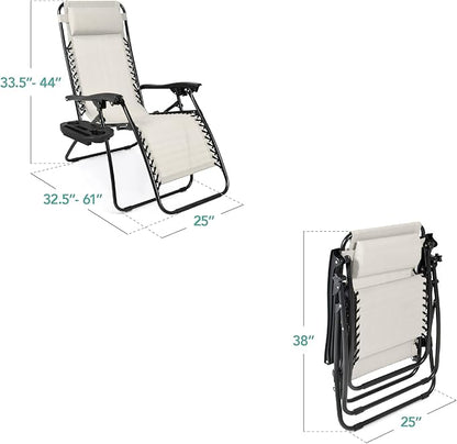 Best Choice Products Set of 2 Adjustable Steel Mesh Zero Gravity Lounge Chair Recliners w/Pillows and Cup Holder Trays - Ivory