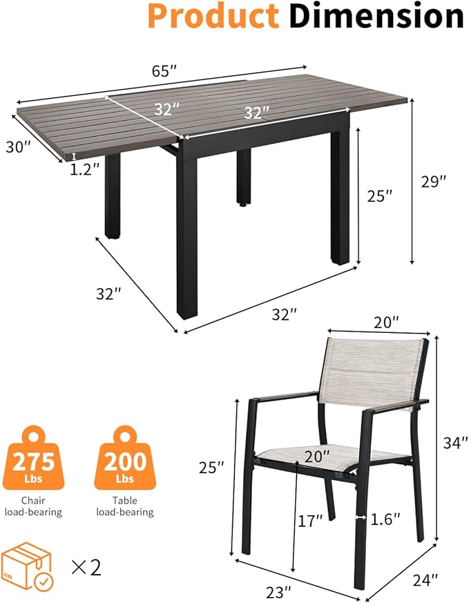 5 Pieces Outdoor Dining Set, Never-Rust Aluminum Expandable Patio Dining Table Set, 32"-65" Extendable Patio Table and Stackable Textilene Dining Chairs for Backyard, Deck, Indoor, Limed Oak