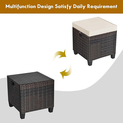 Tangkula 2 Pieces Outdoor Patio Ottoman, All Weather Rattan Wicker Ottoman Seat, Patio Rattan Furniture, Outdoor Footstool Footrest Seat w/Removable Cushions
