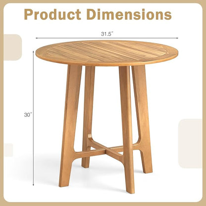 Tangkula 31.5" Round Patio Dining Table, Teak Wood Outdoor Dining Table with Slatted Tabletop, X-Shaped Frame & 4 Sturdy Supporting Legs, Indoor or Outside Table for Deck, Garden, Poolside & Backyard