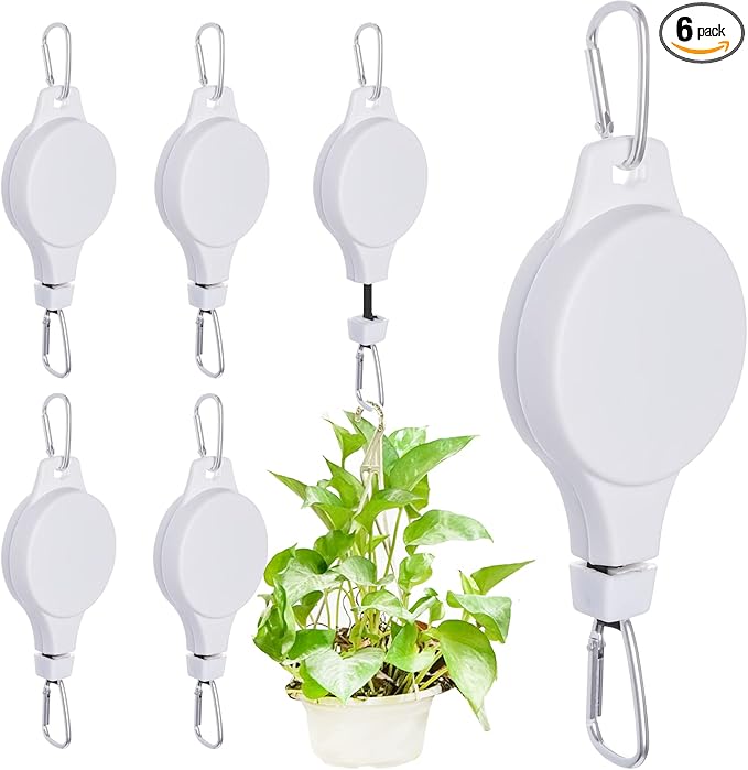 6 Pcs Retractable Plant Hanger, Easy Reach Plant Pulley Adjustable Height Wheel for Hanging Plants - Heavy Duty for Garden Baskets Pots & Birds Feeder - White