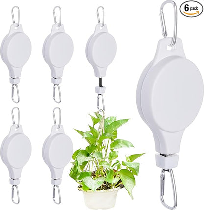6 Pcs Retractable Plant Hanger, Easy Reach Plant Pulley Adjustable Height Wheel for Hanging Plants - Heavy Duty for Garden Baskets Pots & Birds Feeder - White