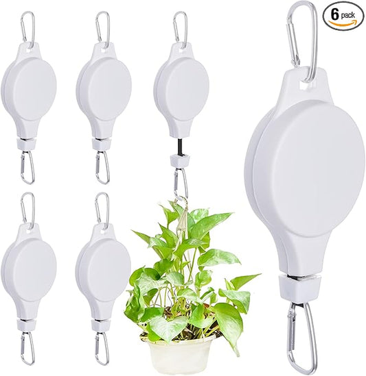 6 Pcs Retractable Plant Hanger, Easy Reach Plant Pulley Adjustable Height Wheel for Hanging Plants - Heavy Duty for Garden Baskets Pots & Birds Feeder - White