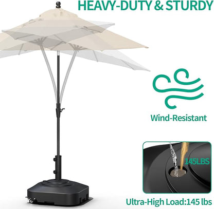 Umbrella Base with 5 Wheels, Upgraded 145lb Umbrella Stand Base, Heavy Duty & Windproof, Fillable Umbrella Base Mobile Umbrella Outdoor for Patio, Deck, Poolside, Lawn, Fits Most Sized Umbrellas