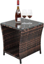 VINGLI Outdoor Wicker Side Table Patio Side Tables for Outside, Tempered Glass Top Wicker Table with Storage End Table for Balcony Porch Deck (Brown)