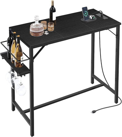 Bar Table, 35.4-Inch Counter Height Pub Table with Charging Station, Rectangular Dining Table with Wine Rack and Glass Holder, High Top Cocktail Tables, for Kitchen, Black（Only Table）