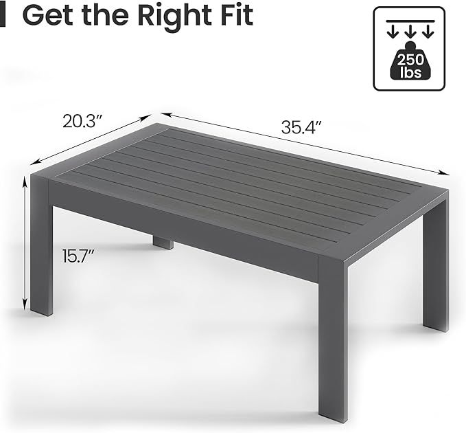 All-Weather Aluminum Outdoor Coffee Table, Modern Coffee Table for Outside, Rectangle Patio Coffee Table for Balcony Garden, Deep Grey