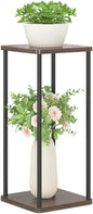 2 Tier Plant Stand Indoor, 28In Tall Corner Vertical Wood Metal Square Shelf, Modern Black Large Planter Table Heavy Duty Flower Pot Holder Rack for Narrow House Living Room Floor Orchid, Oak