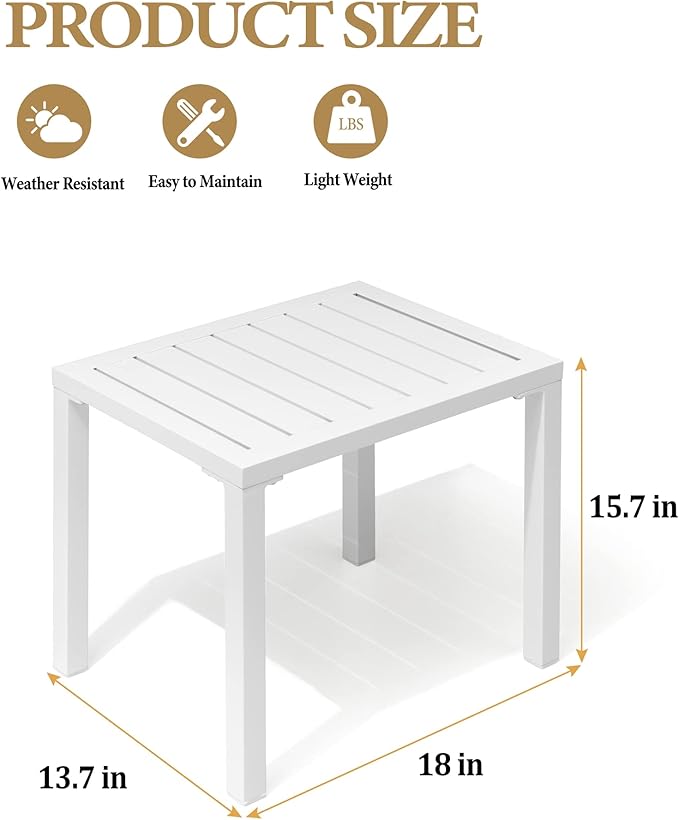 Crestlive Products Aluminum Outdoor Side Table Set of 2, White Small Rectangular Weather Resistant Coffee End Tables for Patio Balcony Pool Deck