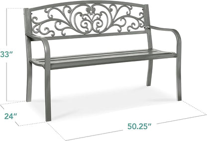 Best Choice Products Outdoor Bench Steel Garden Patio Porch Furniture for Lawn, Park, Deck w/Floral Design Backrest, Slatted Seat - Gray
