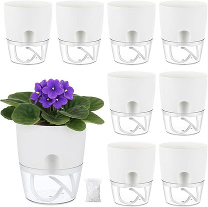 Planterhoma 8 Pack Self Watering Pots for Indoor Plants, 4 Inch Plant Pot Plastic Self Watering Planter for Orchid, African Violet, Small Clear Flower Pots with Drainage Holes and Wicking Rope, White