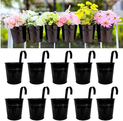 LaLaGreen Small Hanging Planters - 10 Pack, 4 Inch Black Metal Bucket Small Flower Pots for Outdoor Outside, Balcony Railing Hanging, Cute Garden Decor Rail Wall Farmhouse Rustic Deck Porch Succulent