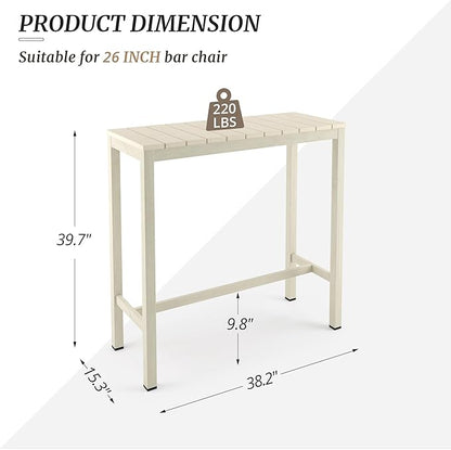 Outdoor Bar Table, 38" Patio Bar Height Counter Console Table, Waterproof HDPS Slatted Top, Weather Resistant, Hot Tub, Balcony, Yard, Indoor or Outdoor Use, Sand