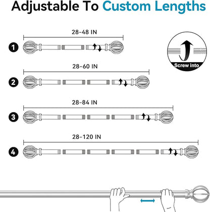 Silver Curtain Rods for Windows 28 to 48 Inch, 5/8" Diameter Heavy Duty Metal Adjustable Small Drapery Rod With Bracket