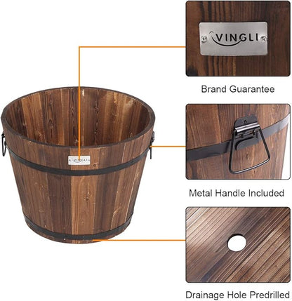VINGLI 3 PCS Large Wooden Planter Barrel Set, 11.5"(Dia)- 18"(Dia) Real Wood Indoor/Outdoor Flower Pot w/Drainage Holes, Different Sizes, Large Garden Container Box