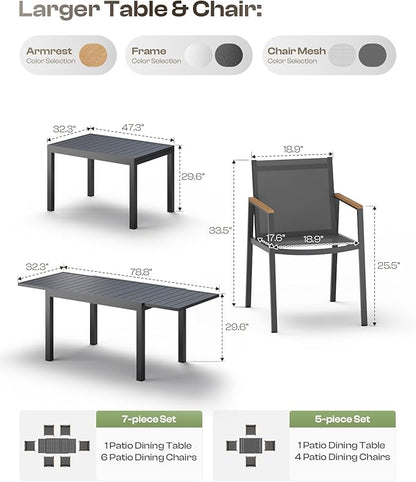 Expandable Outdoor Patio Dining Table Set for 6-8 Person, Aluminum Outdoor Table and 4 Chairs with Textilene Fabric & HDPS Armrest, All-Weather Patio Furniture Set for Yard, Garden, Gray