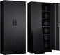 Yizosh Metal Garage Storage Cabinet with 2 Doors and 5 Adjustable Shelves - 71" Steel Lockable File Cabinet,Locking Tool Cabinets for Office,Home,Garage,Gym,School (Black)