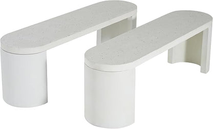 Christopher Knight Home Vex Set of 2 Concrete Outdoor Bench with Modern White Terrazzo Effect, Outdoor Dining Chairs, Oval Garden Bench with Pedestal Base, Extra Seating for Patio/Balcony, White