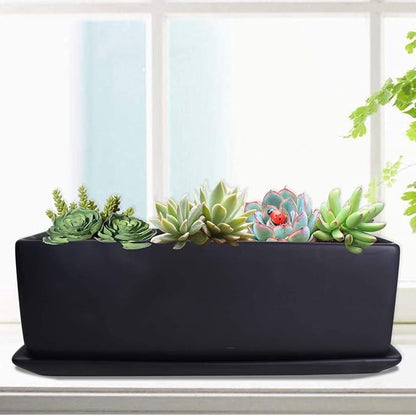Vencer 12 Inch Rectangular Modern Minimalist Ceramic Succulent Planter Pot - Window Box with Saucer,Office Desktop Potted Stand,Black,VF-0135B