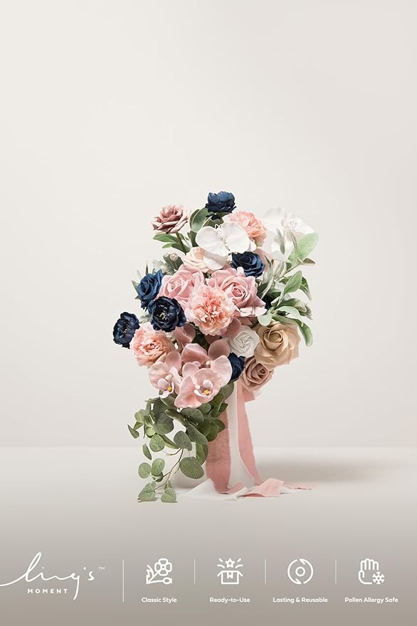 Artificial Bridal Bouquet in Dusty Rose and Navy, Cascading Silk Flowers with Pearls