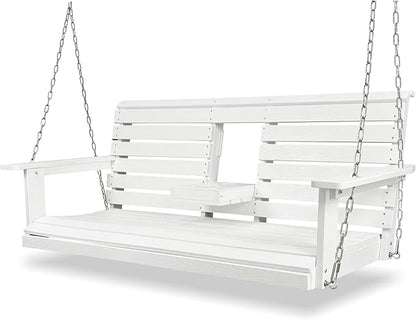 Poly Lumber 3-Seat Porch Swing, HIPS 5-Feet Bench Swing with Foldable Cup Holders,18/8 Stainless Steel Hardware, High Backrest and Deep Contoured Seat, Snow White