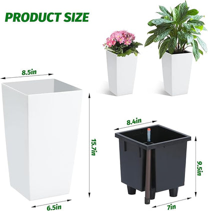 Garvee 16" Tall Planters Set of 4, Outdoor＆Indoor Black Planter Pots, High Front Porch Planter Pots with Drainage Holes＆Water Level Monitor＆Inner Bucket, White