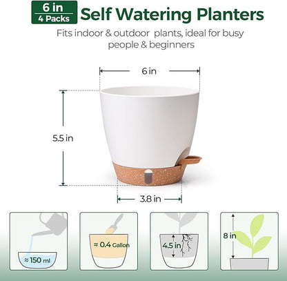 T4U 4 Pack 6 Inch Self Watering Pots - Water Level Indicator & Deep Reservoir, Mess-Free Planter for Busy People, Beginners & Gardeners, Fit Herbs/Pothos/Succulents Plants, Indoor Outdoor Use (White)