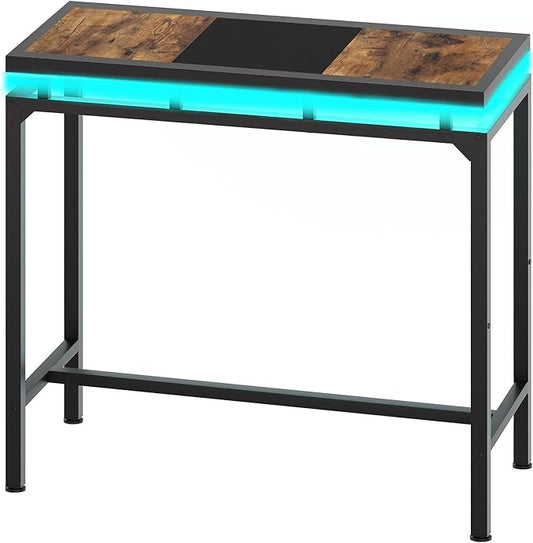 Bar Table with LED Lights, Counter Height Table, Bar Height Pub Table, Metal Frame, for Living Room, Dining Room, Pub, Black BT01DBK