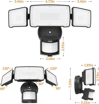 LEPOWER LED Motion Sensor Security Lights, 3 Head Motion Detected, 38W, 4200LM, Waterproof IP65, 5500K, Full Metal for Outdoor, Garage, Porch, Yard (Black)