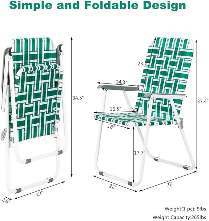 Folding Chairs for Lawn and Camping, Green Metal Frame with Breathable Web