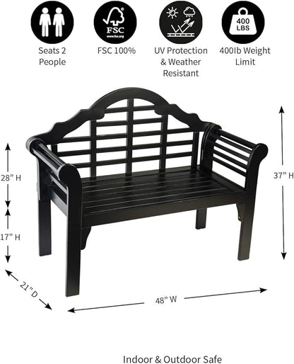 Plow & Hearth Weatherproof Lutyens Eucalyptus Wood Garden Bench | Foldable Patio Bench | Outdoor Furniture Seating for Porch Park Deck | Black